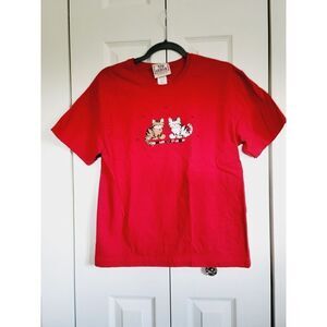 Top Stitch M Red Cat Love T-Shirt Women's Embroidered‎ Vintage SS
